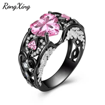 RongXing Elegant Lucky Angel Wing Pink Heart Woda pierścienie dla kobiet czarne złoto wypełnione AAA Cyrkon moda biżuteria prezent RB1424