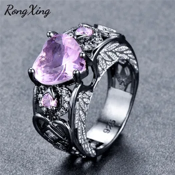 RongXing Elegant Lucky Angel Wing Pink Heart Woda pierścienie dla kobiet czarne złoto wypełnione AAA Cyrkon moda biżuteria prezent RB1424