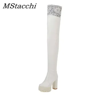 MStacchi Women Thigh High Boots Women Platform Lace Runod Toe Shoes Woman Thick High Heels Winter Boot Female Slip On Sexy Boots