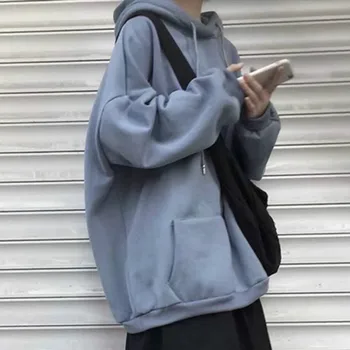 Bluzy Damskie z kapturem, z przodu kieszeń 5 czystych kolorów minimalistyczne retro przewymiarowane Harajuku unisex BF Jesienna odzież Damska prosty codzienny
