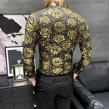 Luksusowe Złote Koszula Z Kwiatowym Nadrukiem Męskie Cienka Koszula Z Długim Rękawem Koreańskiej Odzież Męska Klub Nocny Społeczna Impreza Bluzka Meble Ubrania 2020