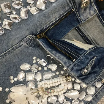 Damskie luksusowe rhinestone denim jeans Damskie rocznika diamentowe wąskie odcinek ołówek cienkie spodnie plus size 25-31 niebieski PH210