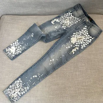 Damskie luksusowe rhinestone denim jeans Damskie rocznika diamentowe wąskie odcinek ołówek cienkie spodnie plus size 25-31 niebieski PH210