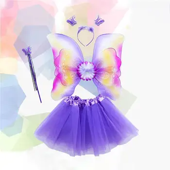 4szt dziewczyny Wróżka strój zestaw Rainbow skrzydła motyla trzy warstwy tiulu tutu spódnica różdżka opaska Księżniczka Halloween party 3-8T