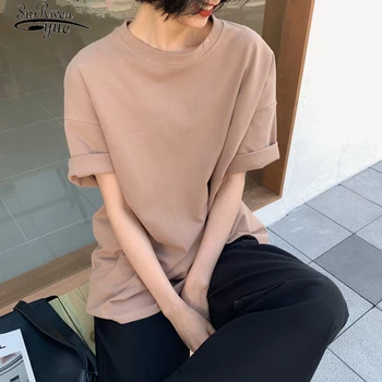 Koreański damska koszulka 2020 Vintage Summer krótki rękaw luźny t-shirt Solid Female harajuku Basic Top Koszulka Ladies Cotton T 8779 50