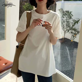 Koreański damska koszulka 2020 Vintage Summer krótki rękaw luźny t-shirt Solid Female harajuku Basic Top Koszulka Ladies Cotton T 8779 50