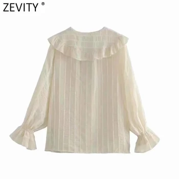 Zevity New Women Sweet Agaric Lace V neck paski casual, szlafrok bluzka biuro Lady łuk robię falbanki koszula eleganckie Blusas topy LS7512