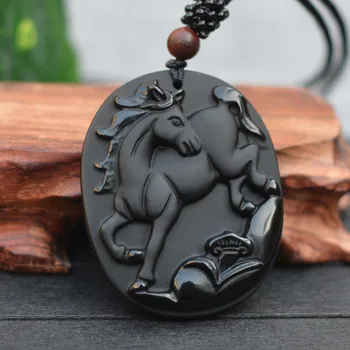 Drop Shipping naturalny czarny obsydian rzeźba Zodiak chiński koń szczęśliwy amulet naszyjnik męskiej mody biżuterii