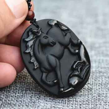 Drop Shipping naturalny czarny obsydian rzeźba Zodiak chiński koń szczęśliwy amulet naszyjnik męskiej mody biżuterii
