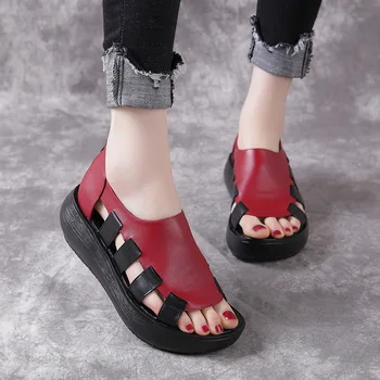 GKTINOO 2021 lato naturalna skóra płaskie sandały na platformie dla kobiet hollow, mieszane kolory oddychająca open toe sandały Damskie