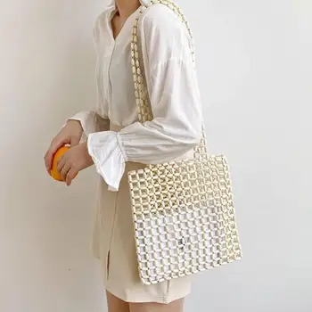 Marka damska torba unikalny nowy Ins ręcznie dziewczyna, naturalny, drewniane koraliki torebka kopertówka Vintage torba na ramię torba plażowa