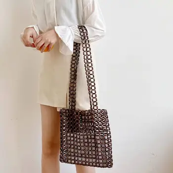 Marka damska torba unikalny nowy Ins ręcznie dziewczyna, naturalny, drewniane koraliki torebka kopertówka Vintage torba na ramię torba plażowa