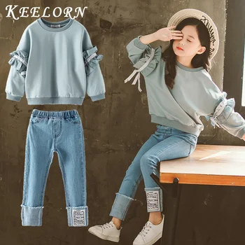 Keelorn Teenage Girls Clothing wiosna jesień dla dzieci stroje casual top i jeansowe spodnie 2szt nastoletnie zestawy ubrań dla dziewczynek od 4 do 13 lat