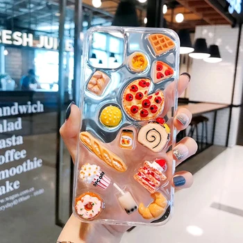 3D Ładny Clear Pizza Bread Cake etui do telefonu iPhone 12Case XR XS MAX 7 8 Plus Strawberry Cocktail Donut przezroczysty futerał