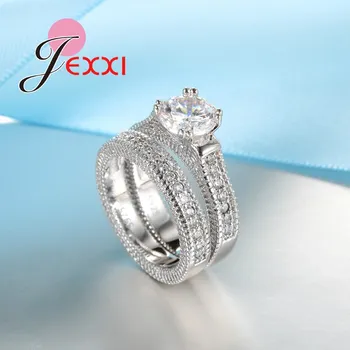 Elegancja 925 srebro 2 szt. pierścień zestaw betonowa pełna wysokiej jakości błyszczące kryształy Panel dla kobiet suknia ślubna ozdoba