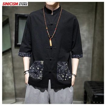 Sinicism Store Black Patchwork Chinese Style Shirt Mens Fashion 2020 Summer Print Męskie Koszula Męska Biała Koszula Z Długim Rękawem Odzież