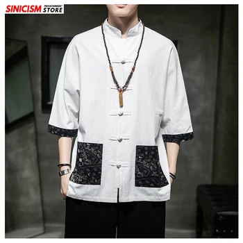 Sinicism Store Black Patchwork Chinese Style Shirt Mens Fashion 2020 Summer Print Męskie Koszula Męska Biała Koszula Z Długim Rękawem Odzież