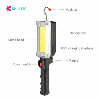 Przenośna lampa latarka USB ładowanie z Magnesem odkryty camping oświetlenie awaryjne od 2*18650 baterii LED COB 2 tryby lampy