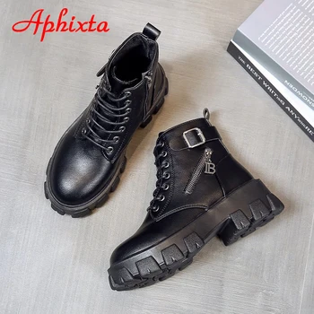 Aphixta 5 cm obcas platformy Damskie botki zwiększające wzrost sznurowanie na zamek i klamry buty zimowe buty Damskie buty na obcasach kobiety