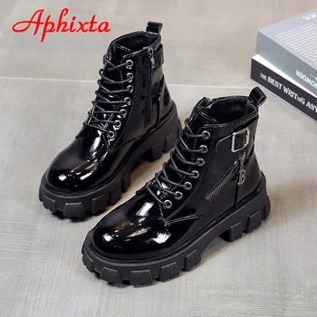 Aphixta 5 cm obcas platformy Damskie botki zwiększające wzrost sznurowanie na zamek i klamry buty zimowe buty Damskie buty na obcasach kobiety