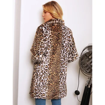 Leopard print płaszcz płaszcz ze sztucznego futra 2020 Zimowa długa kurtka plus rozmiar 3XL skręcić w dół kołnierz z długim rękawem kieszeni puszyste kurtka