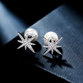 S925 srebro kolczyki pręta mikro utorować CZ kryształy Gwiazda perły podwójna strona srebrne kolczyki dla kobiet
