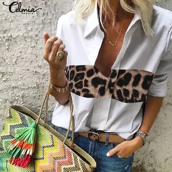 5XL Celmia Women Sexy Leopard Stitching bluzki i topy 2021 jesień V-neck Oversize koszula z długim rękawem Vintage Blusas Plus Size