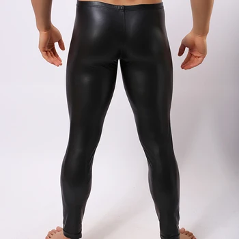 2017 Marka Odzieżowa Czarna Sztuczna Skóra Mężczyźni Sexy Chude Kompresji Grube Spodnie Gej Nowość Fitness Legginsy Do Tanecznego Show