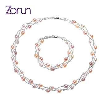 Zorun prawdziwe naturalne słodkowodne perły zestawy biżuterii 6-7 mm z zapięciem magnetycznym naszyjnik i bransoletka zestawy dla kobiet