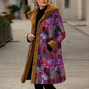 JAYCOSIN Winter Fashion Long Sleeve Thicken Warm Coat Plus Size Women Faux Fluffy Ethnic Printed Basic Chaqueta Mujer Coats 1027