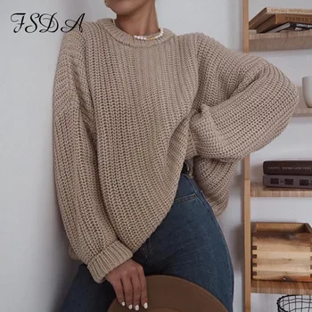 FSDA O neck dla kobiet luźny sweter z dzianiny codzienne Jesień Zima khaki sweter 2020 z długim rękawem oversize moda Sweter damski