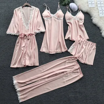 CALOFE Damskie piżamy zestaw z 5 przedmiotów jedwabny atlas stałe od piżamy komplety sexy piżamy z podszewką koronkowe nocne stroje bielizna nocna odzież domowa