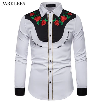 Kwiatowy haft Męskie koszule vintage zachodnie kowbojskie koszule mężczyźni róża kwiat z długim rękawem biała koszula mężczyźni Projekt Sukni koszula dla mężczyzn