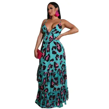 Echoine Niebieski Zielony Leopard Print Długa Maxi Sukienka Bez Rękawów Sexy Oparcie Szlafrok Święta Sukienkę Z Koronki Bandaż Wzburzyć Sukienki