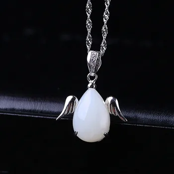 Sprzedaż Hurtowa 925 Srebro Inkrustowane Prawdziwy Biały Jadeit Wisiorek Naszyjnik Kobieta Biżuteria