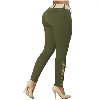 Plus rozmiar hollow zasznurować army zielony drelich ołówek spodnie 3XL 5XL kobiety seksowny push-up odcinek wąskie długie dżinsy big mama Jean