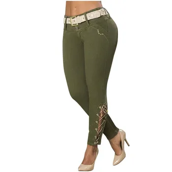 Plus rozmiar hollow zasznurować army zielony drelich ołówek spodnie 3XL 5XL kobiety seksowny push-up odcinek wąskie długie dżinsy big mama Jean