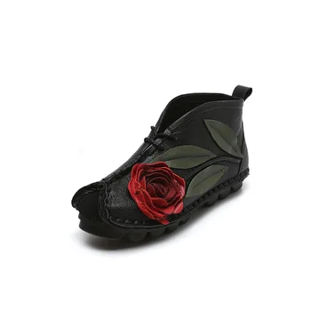 2020 jesień nowa kampania Buty damskie okrągła głowa kwiat sznurowanie miękka podeszwa dominująca buty skóra naturalna ręcznie styl narodowy