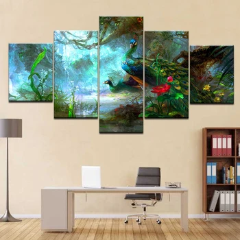 Modułowa płótno ścianie sztuki zdjęcia ramka domowego wystroju salonu 5 sztuk piękny niebieski paw malarstwo HD plakat wydrukowany zwierząt