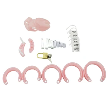 Różowy krótki rozmiar Pięć pierścieni penisa komórka sex zabawki dla mężczyzn, plastikowy kogut komórka seks-produkt męski pas cnoty czystości urządzenia