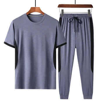 Nowy letni bambus bawełna łączenie męska koszulka z krótkim rękawem casual, sportowy garnitur męskie moda z dwóch części luźne spodnie garnitur