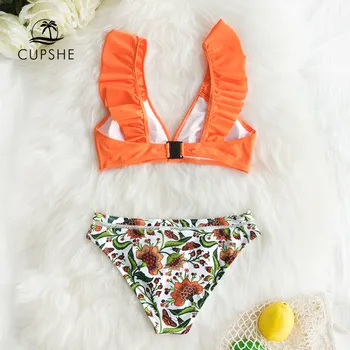 CUPSHE Orange Ruffle Bikini Sets With Floral Bottom Sexy Swimsuit Two Pieces Swimwear Women 2021 Beach Bathing Suit Biquinis