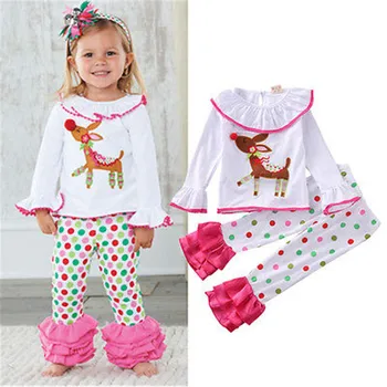NEWBABY Toddler Girls Baby Christmas Deer t-shirt +spodnie legginsy bielizna nocna piżamy zestaw dla dzieci jesień zima piżamy wiek 1-6Y