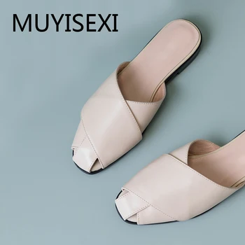 Rybie usta muły skóra naturalna kobiety japonki płaski letnie modne pantofle slajdy open toe sandały AM02 MUYISEXI
