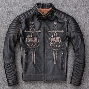 2020 Vintage Black Men Skulls kurtka skórzana damska z kołnierzykiem stojakiem z naturalnej skóry wołowej Slim Fit мотоциклетное skórzany płaszcz