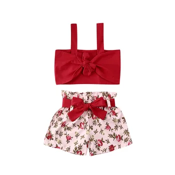 2020 lato dziecko dziewczynka odzież kolorem pasek crop topy kwiatowy print spodenki 2 szt. stroje casual zestaw do Gilrs