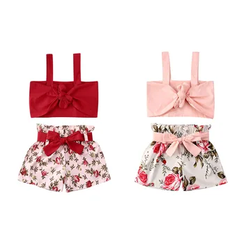 2020 lato dziecko dziewczynka odzież kolorem pasek crop topy kwiatowy print spodenki 2 szt. stroje casual zestaw do Gilrs