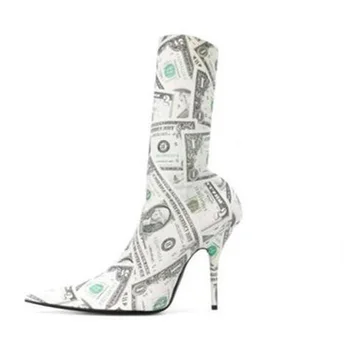 Skarpety buty kobiety dolar pieniądze druku odcinku uda wysokie buty elastyczne połowy łydki buty krótkie Ostre skarpety i buty na wysokim obcasie Lady