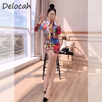 Delocah Moda Damska Jesień Projektant Spódnice Zestaw Łuk Kieszenie Topy + Drukowanych Bodycon Fit Krótkie Spódniczki 2 Dwie Części Kostiumy 2020