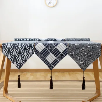 Japoński styl bawełna niebieski biały geometryczny lniany stół biegacz zen sztuka łóżko biegacz obrus vintage obrus mata